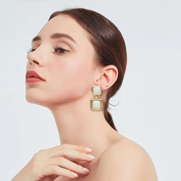 Cream Cute Gold Geometric Statement Jewelry Dangle Drop Earrings for Women - Picture 2 of 7